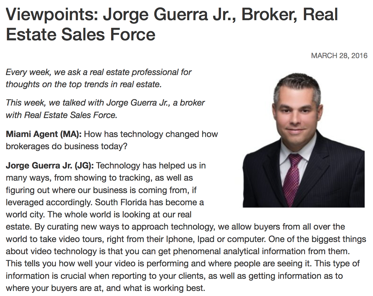 Miami Agent Magazine Viewpoints: Jorge Guerra Jr., Broker, Real Estate Sales Force
