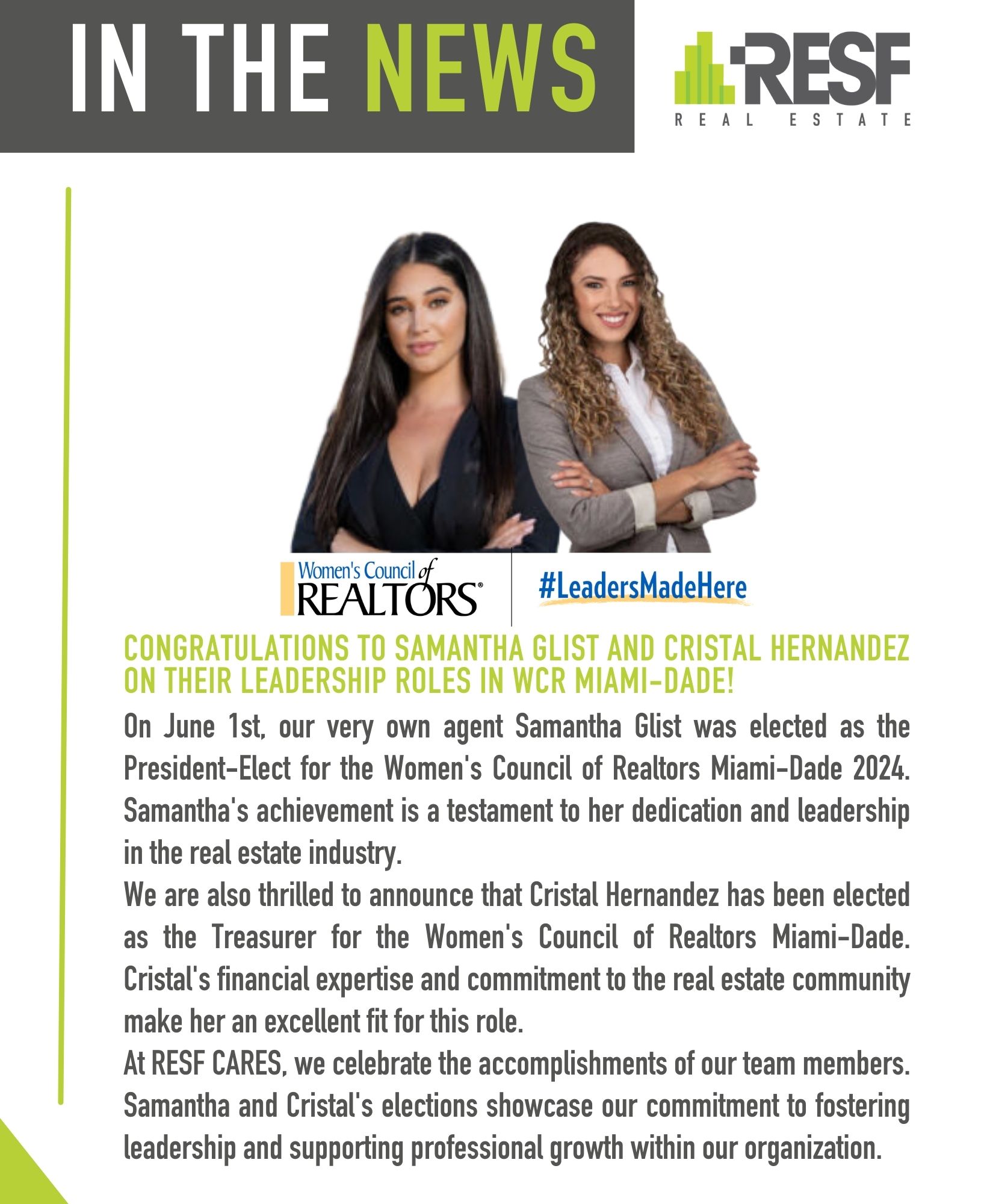 Congratulations to Samantha Glist and Cristal Hernandez on Their Leadership Roles in WCR Miami-Dade!